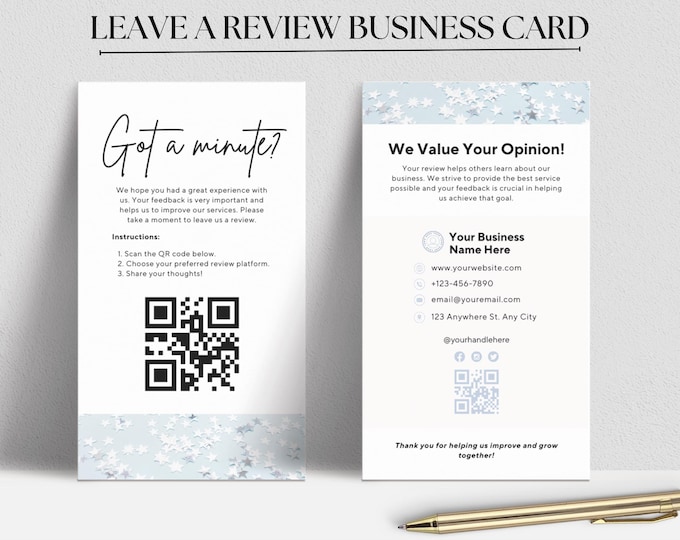 Custom QR Code Leave a Review Card Canva Template, Editable Small Business Review Card, Printable Feedback Card, Customer Review Request