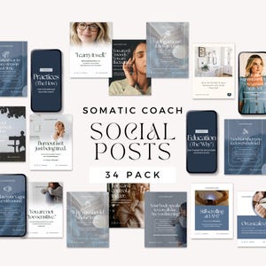 Könnte beinhalten: Eine Sammlung von 34 digitalen Social-Media-Beitragsvorlagen für einen somatischen Coach, mit dunkelblauen und weißen Farbschemata, Serifenschrift und verschiedenen pädagogischen Textüberlagerungen zur Regulierung des Nervensystems.