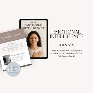 Puede incluir: Un libro electrónico titulado "Inteligencia Emocional" se muestra en una tableta y una página impresa. La portada del libro electrónico presenta a una mujer con los ojos cerrados y la mano en el pecho. La página impresa se titula "El mito del control".