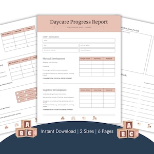 Puede incluir: Plantilla de informe de progreso de la guardería imprimible para niños pequeños de 1 a 3 años. El informe incluye secciones sobre desarrollo físico, desarrollo cognitivo y objetivos para el próximo período. La plantilla tiene un esquema de color rosa y blanco con ilustraciones de juguetes y un arcoíris.
