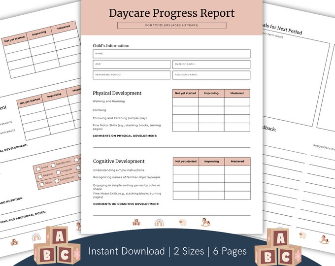 Daycare Progress Report Printable PDF, Student Assessment Template, Childcare Update Form, Preschool Growth Report, Daycare Paperwork