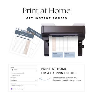May include: A printer printing a printable planner with the text "Priority Tasks" and "Weekly Review". The text "Print at Home or at a Print Shop" is displayed below the printer. The text "Download as a PDF or JPG. Save with bleed + crop marks" is also displayed below the printer.