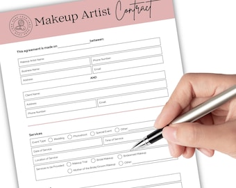 Contractsjabloon make-upartiest, bewerkbaar contract in canva, serviceovereenkomst make-up, contract schoonheidsspecialist, afdrukbare pdf bruids