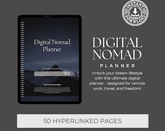 Planificador para nómadas digitales con modo oscuro, ideal para trabajar desde cualquier lugar, planificar viajes, organizar el trabajo remoto y el bienestar minimalista. Cuaderno digital Canva.