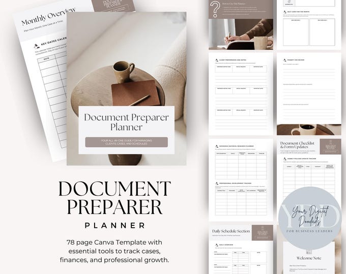 Document Preparer Planner Canva Template, Legal Case Organizer, Case Management Tracker, Monthly Overview, Financial Tool, Daily Schedule
