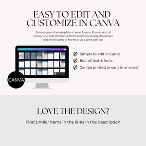 Puede incluir: Un anuncio de plantilla digital con un monitor de computadora que muestra una cuadr&iacute;cula de p&aacute;ginas de documentos. El texto dice: EASY TO EDIT AND CUSTOMIZE IN CANVA, Simply open the template in your Free or Pro version of Canva, and edit the text & fonts and then simply download and either print at home or at a print service. LOVE THE DESIGN? Find similar items in the links in the description.