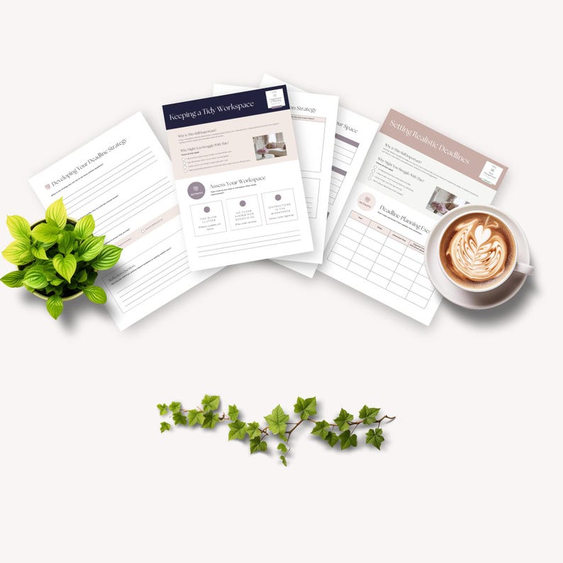 A serene workspace scene featuring several printed worksheets on productivity and organization, a green potted plant, and a cup of latte art coffee, set against a light background.