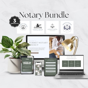May include: A digital notary bundle featuring a desktop monitor, laptop, tablet, and smartphone displaying website templates with the text Notary Bundle, Summit Notary Agency, and Sophia Carter. Includes a green potted plant and a gold desk lamp.