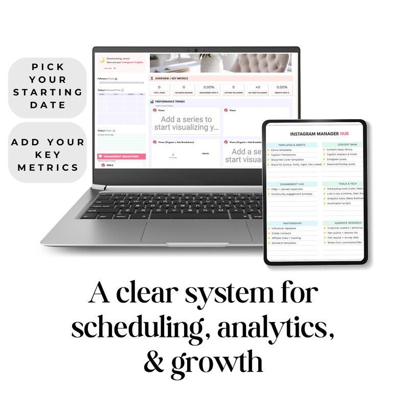 An image of a laptop displaying analytics and scheduling dashboard alongside a tablet showing an Instagram manager hub. Text on the image emphasizes metrics and visual planning for growth.
