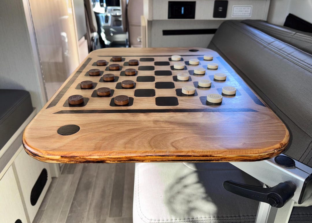 RV Table Top With Wood-burned Checkerboard, Magnetic Cup Holder ...