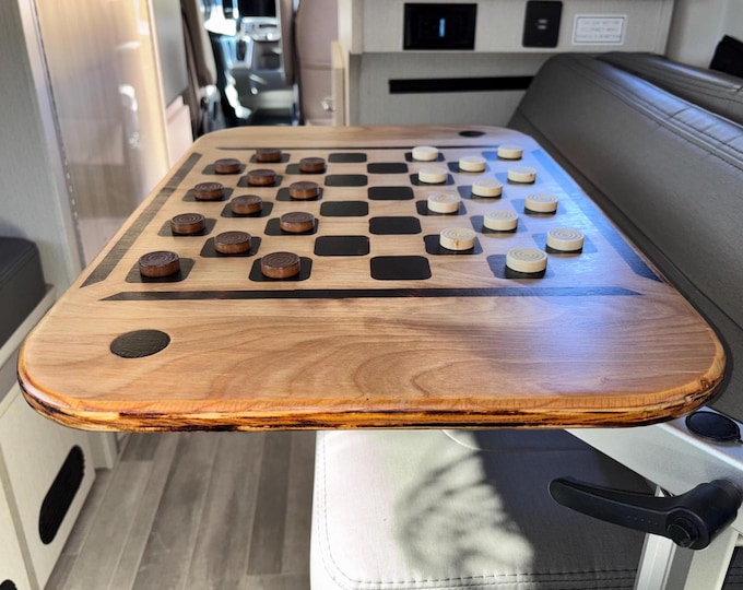 RV Table Top with Wood-Burned Checkerboard, Magnetic Cup Holders Adjustable, 3/4" Birch, Game Pieces Included, Campervan, Mount Separate