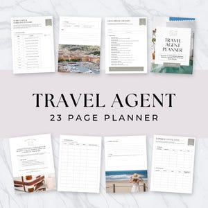 Puede incluir: Un planificador de agentes de viajes con una cubierta blanca y un acento turquesa, con el texto "Travel Agent Planner" y "23 Page Planner". El planificador incluye varias páginas con formularios y listas de verificación para la planificación de viajes.