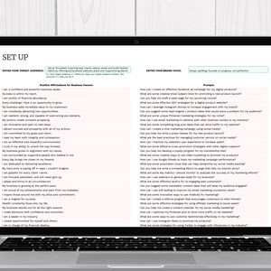 A laptop displaying a document titled 'SET UP' featuring sections on positive affirmations for business owners and prompts for marketing strategies. A green plant is partially visible beside the laptop.