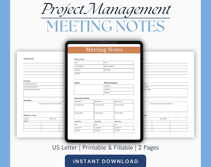 Fillable Project Management Meeting Minutes PDF, Printable Meeting Notes Template, Business Organization Tool, Instant Download, Note Taking