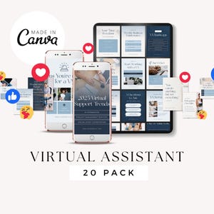 May include: A digital marketing graphic with the text "Virtual Assistant 20 Pack" and "2025 Virtual Support Trends" on a smartphone and tablet. The image includes social media icons and the Canva logo.