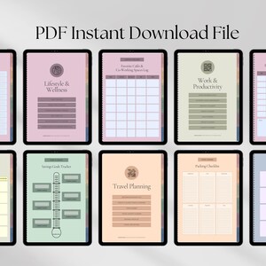 Display of various digital planners on tablets, including sections for Lifestyle, Work, Savings, and Travel planning. Titles include Favorite Cafs Log, Savings Goals Tracker, and Packing Checklist.