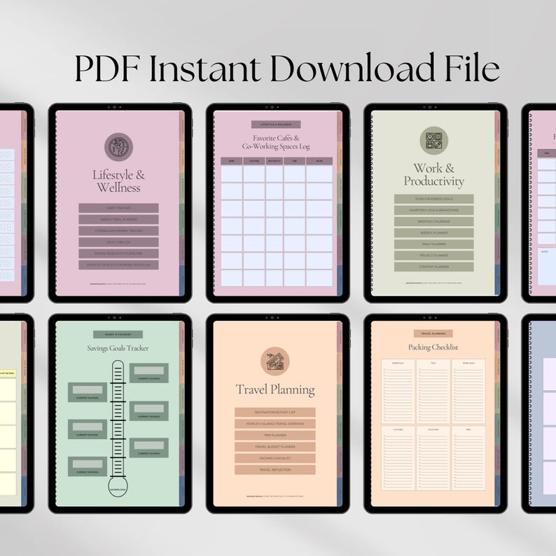 Display of various digital planners on tablets, including sections for Lifestyle, Work, Savings, and Travel planning. Titles include Favorite Cafs Log, Savings Goals Tracker, and Packing Checklist.
