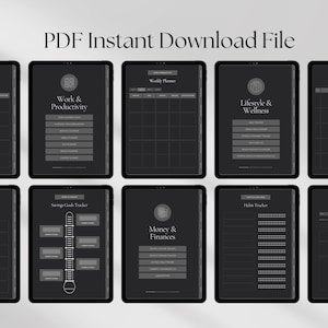 Mockup of digital planner pages showcasing various sections including Work  Productivity, Weekly Planner, Lifestyle  Wellness, Money  Finances, and Habit Tracker in a sleek black design.