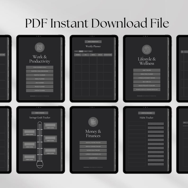 Mockup of digital planner pages showcasing various sections including Work  Productivity, Weekly Planner, Lifestyle  Wellness, Money  Finances, and Habit Tracker in a sleek black design.