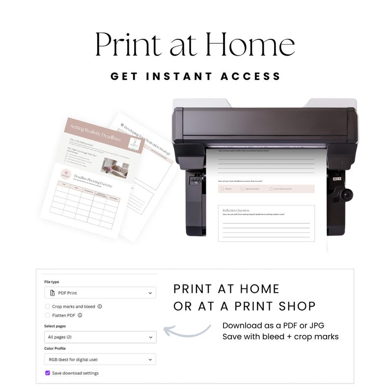 May include: A printer is shown printing documents with the text "Print at Home" and "Get Instant Access". The documents have a light brown and white color scheme. The image also shows PDF print settings.