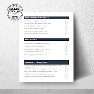 Checklist for book launch activities, including final week tasks, post-launch strategies, and community engagement steps, highlighted in a structured format with checkboxes.