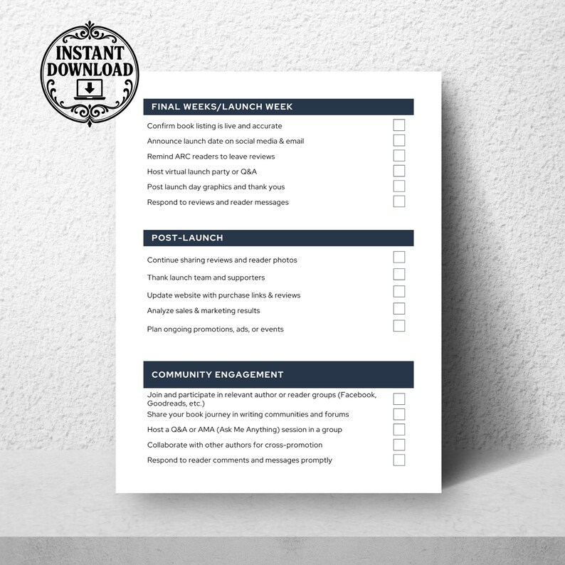 Checklist for book launch activities, including final week tasks, post-launch strategies, and community engagement steps, highlighted in a structured format with checkboxes.