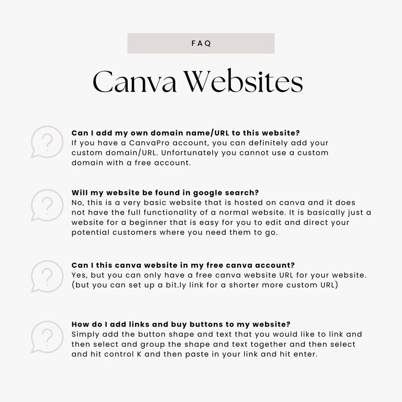 May include: A webpage titled "FAQ" with the heading "Canva Websites." The page includes questions and answers about Canva websites, such as adding a custom domain, search engine visibility, and adding links and buttons.