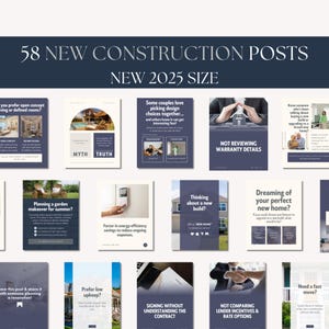 Collage of 58 posts related to new construction topics, featuring design choices, home warranties, energy efficiency, and home improvement tips, presented in a modern style with text and images.
