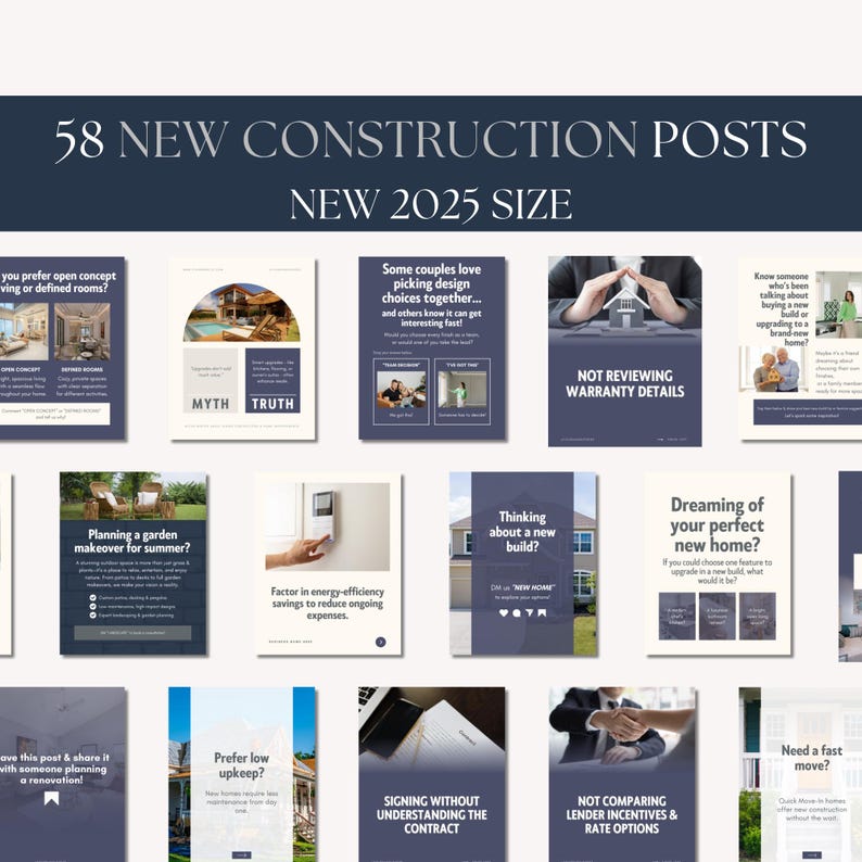 Collage of 58 posts related to new construction topics, featuring design choices, home warranties, energy efficiency, and home improvement tips, presented in a modern style with text and images.