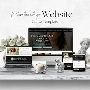 A styled desk featuring a mockup of a membership website template on various devices, including a laptop and tablet, with decorative elements like white tulips, a coffee cup, and a horse figurine.