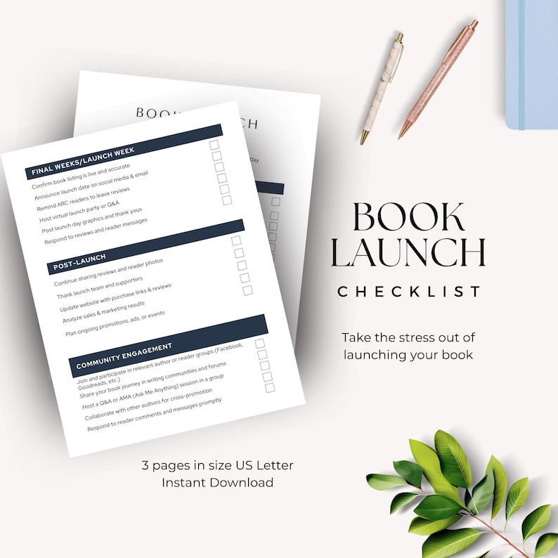 A visual checklist for launching a book, featuring sections for final weeks, post-launch, and community engagement, along with a leafy plant and pens on the side.