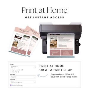 A printer with printed materials emerging, including guides for gatherings. Text reads 'Print at Home' and options for downloading files such as PDF or JPG are shown.