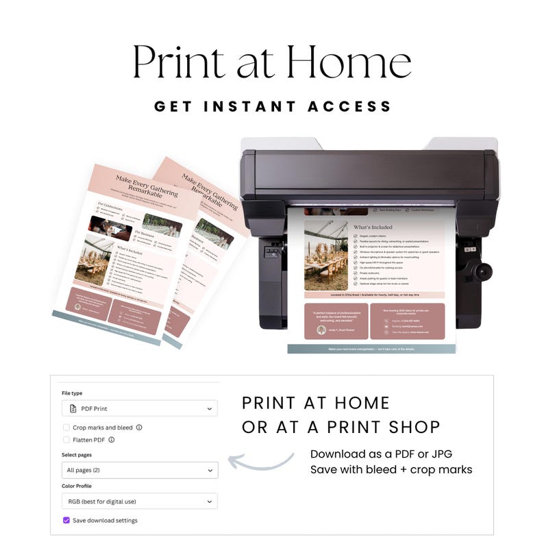 A printer with printed materials emerging, including guides for gatherings. Text reads 'Print at Home' and options for downloading files such as PDF or JPG are shown.