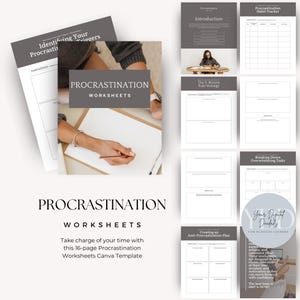 Op de afbeelding: Een set van 16 printbare prokrastinatie-werkbladen in een Canva-sjabloon. De werkbladen zijn ontworpen om mensen te helpen de controle over hun tijd te krijgen, hun motivatie te beheren en zelfvertrouwen op te bouwen. De werkbladen bevatten titels zoals "Identificeer je prokrastinatietriggers", "De 5-minutenregelstrategie", "Overweldigende taken opsplitsen" en "Een anti-prokrastinatieplan maken".