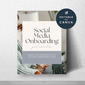 May include: A digital download template for a social media onboarding guide. The template features a woman working on a laptop with the text "Social Media Onboarding" and "Boost your brand with our detailed onboarding guide".