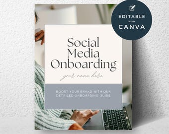 Plantilla de incorporación para gestor de redes sociales, bienvenida al cliente, lista de verificación de incorporación, admisión de clientes, plantilla de Canva, guía editable para redes sociales