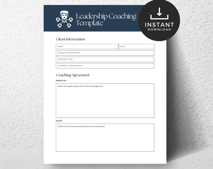 Leadership Coaching Template, Printable Session Planner, Business Coach, Executive Coach Toolkit, Career Coaching