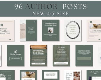 Puede incluir: Una colección de 96 plantillas para redes sociales destinadas a autores, con una paleta de colores verde salvia y blanco. Los diseños incluyen varios formatos con espacios para texto, gráficos relacionados con libros y citas en formato 4:5.
