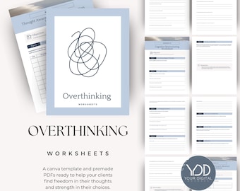 May include: A set of Overthinking Worksheets featuring a light blue cover with a dark blue scribble graphic and the text Overthinking Worksheets. The collection includes multiple pages with structured lines, headers, and sections for cognitive exercises.