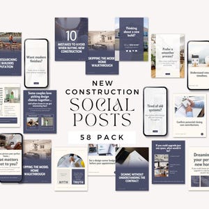 A collection of social media post designs related to new construction, featuring various tips and questions about buying, designing, and building homes. Includes modern styling and engaging content.