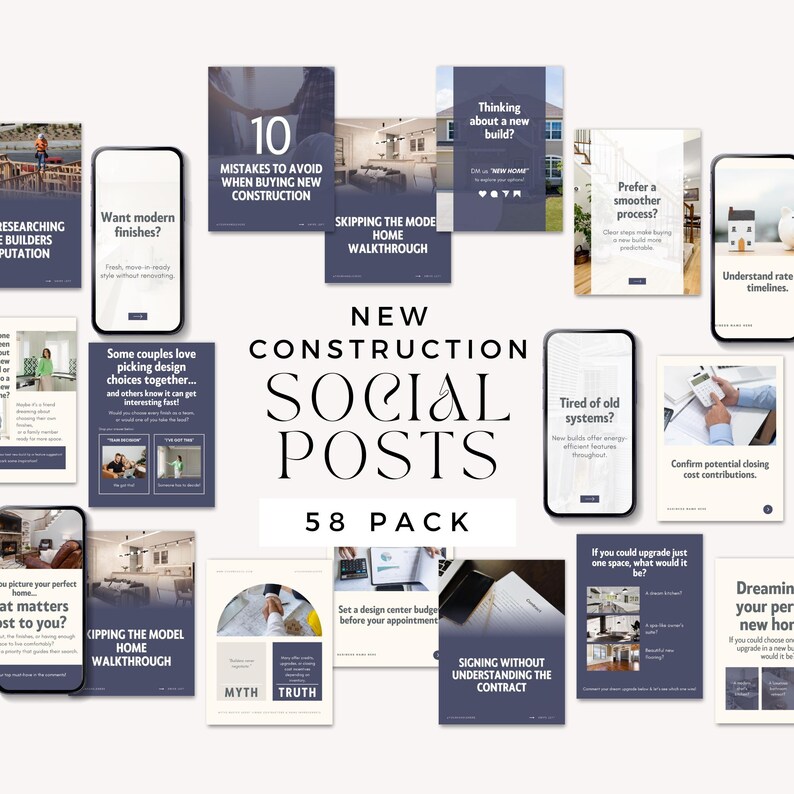 A collection of social media post designs related to new construction, featuring various tips and questions about buying, designing, and building homes. Includes modern styling and engaging content.