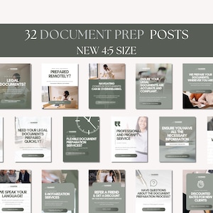 Può includere: Un collage di 16 post sui social media per un servizio di preparazione di documenti. I post presentano schemi di colori verde e bianco con testo che include frasi come "Documenti legali?", "Preparati da remoto?", "Navigazione di documenti complessi", "Assicurati che i tuoi documenti legali siano accurati e conformi", "Hai bisogno che i tuoi documenti legali siano preparati rapidamente?", "Servizi flessibili di preparazione di documenti?", "Servizio professionale e rapido", "Assicurati di avere tutte le informazioni necessarie", "Parliamo la tua lingua!", "Servizi di e-notarizzazione", "Presenta un amico e ottieni uno sconto", "Hai domande sul processo di preparazione dei documenti?", e "Tariffe scontate per i nuovi clienti".