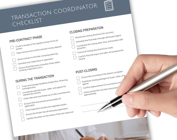 Transaction Coordinator Checklist, Contract to Close, Real Estate Transaction, Seller & Buyer Agent, Client Handout, New Listing Checklist