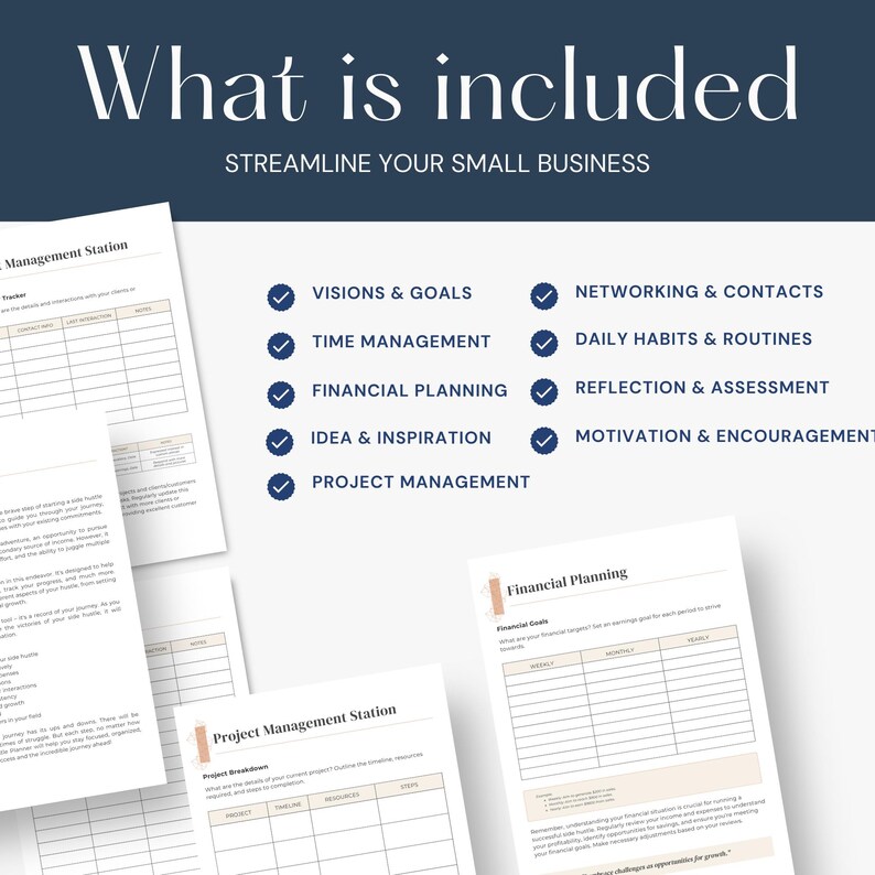 May include: A checklist of items included in a small business management system. The checklist includes items such as visions and goals, time management, financial planning, idea and inspiration, project management, networking and contacts, daily habits and routines, reflection and assessment, and motivation and encouragement.
