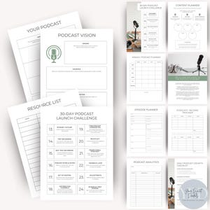 A collage of podcast planning documents including sections on podcast vision, launch challenges, content planning, and analytics, with an image of a microphone and headphones.