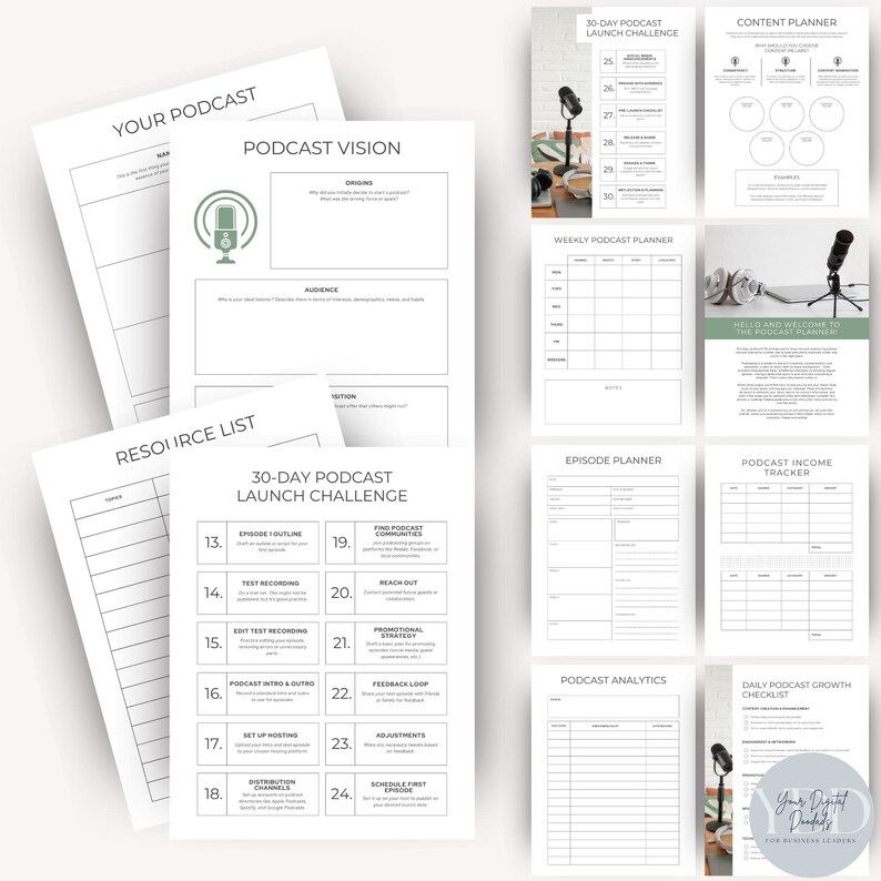 A collage of podcast planning documents including sections on podcast vision, launch challenges, content planning, and analytics, with an image of a microphone and headphones.