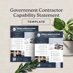 May include: A Government Contractor Capability Statement template with the text "TEMPLATE" in a white rectangle. The document features the "Summit Ridge Solutions" logo and sections for core competencies and differentiators. A potted plant is in the background.