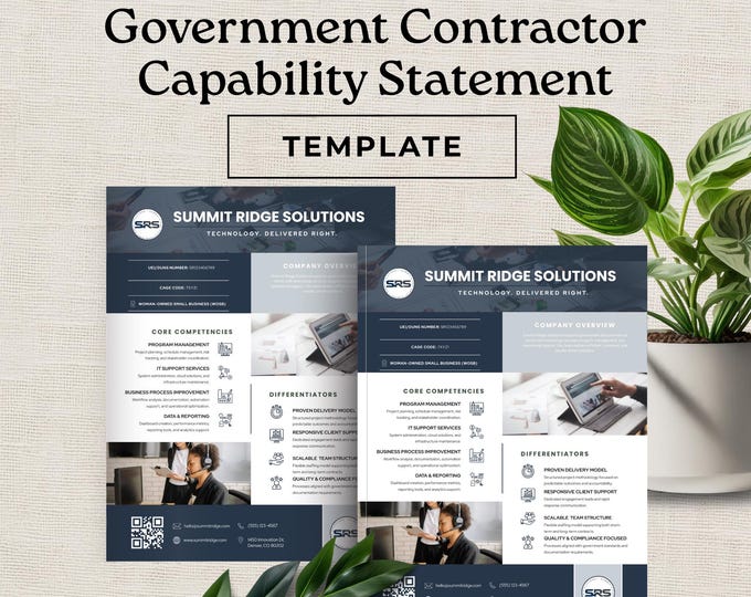 Government Contractor Capability Statement Template, Editable Canva One Page Company Profile, Small Business Federal Proposal Resume