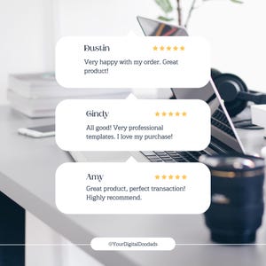 May include: Image featuring customer testimonials with star ratings. The reviews are from Dustin, Cindy, and Amy, praising the product and service. A laptop, headphones, and a coffee cup are visible in the background.