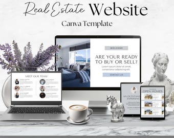 May include: A digital display of a real estate website Canva template featuring a laptop, a desktop monitor, and a tablet. The screens show property listings, team profiles, and contact information. A coffee cup, a horse figurine, and a bust are present.